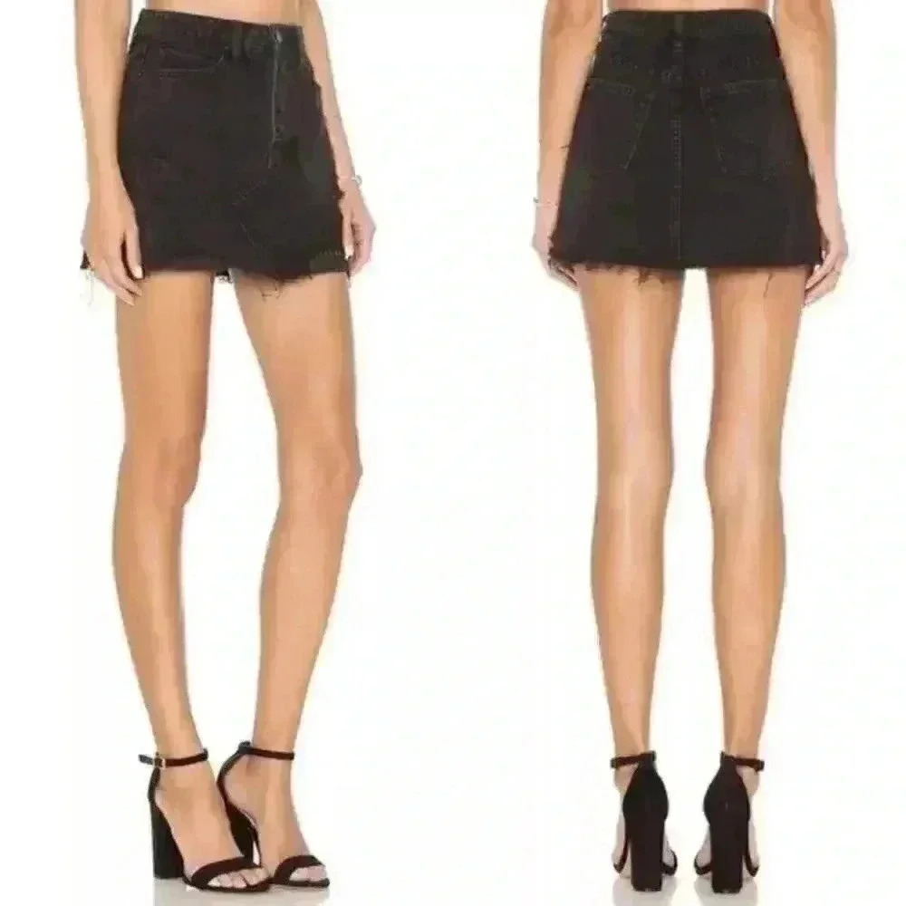 Free People Black Distressed Denim A-Line Mini Skirt Button Fly Sz 26